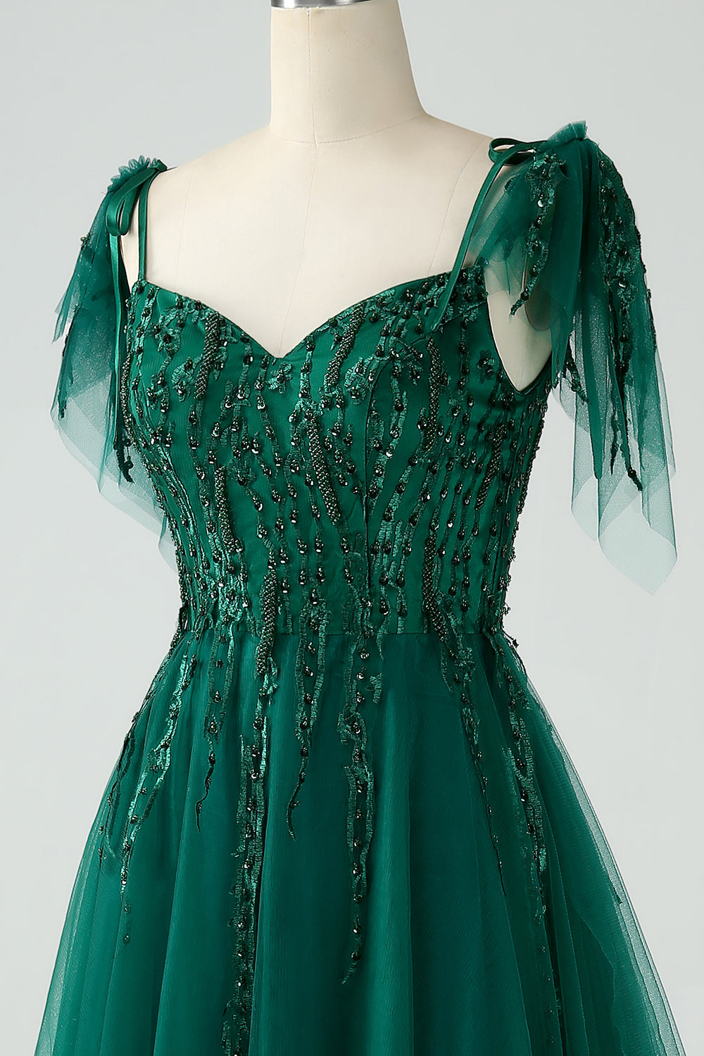 Mørkegrøn A-Line Spaghetti Straps Tulle Lang Prom Kjole med perler