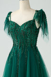 Mørkegrøn A-Line Spaghetti Straps Tulle Lang Prom Kjole med perler