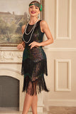 Glitter Sort, Grøn Pailletter frynser 1920'erne Gatsby kjole
