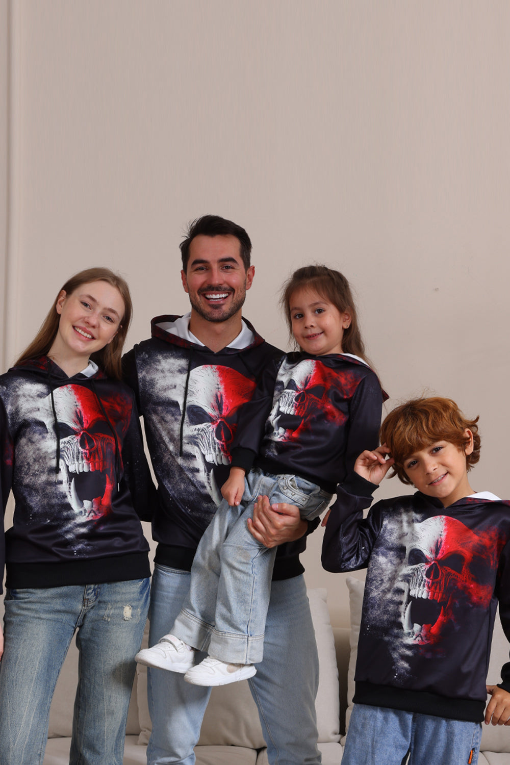 Sort skeletprint hætteklædte Halloween familie sweatshirts
