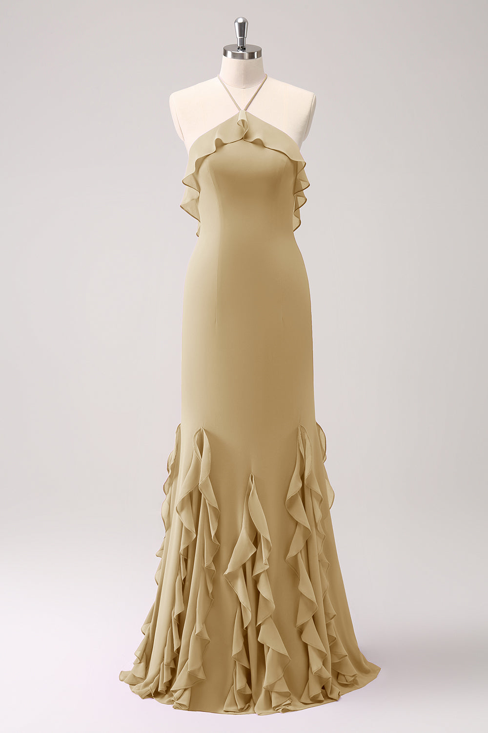 Tahiti Havfrue Halter Flæse Chiffon Lang Brudepigekjole