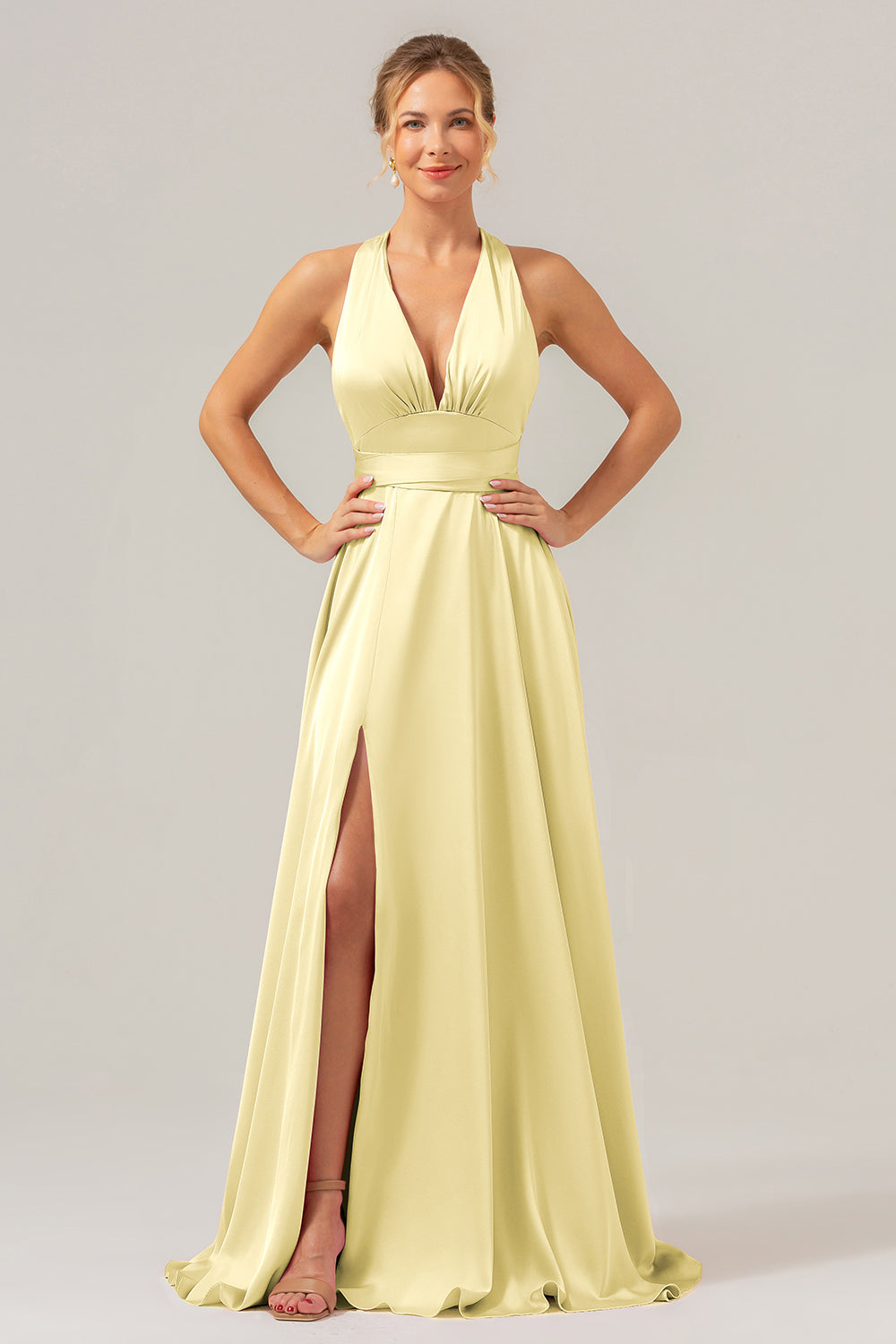 Pink A Line V-hals Backless Satin Lang brudepigekjole med slids