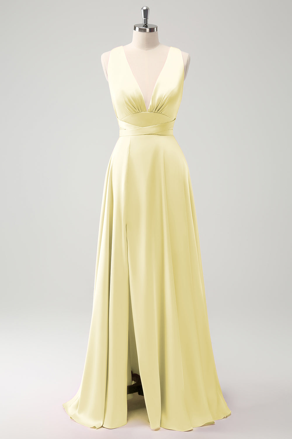 Pink A Line V-hals rygløs brudepigekjole med slids