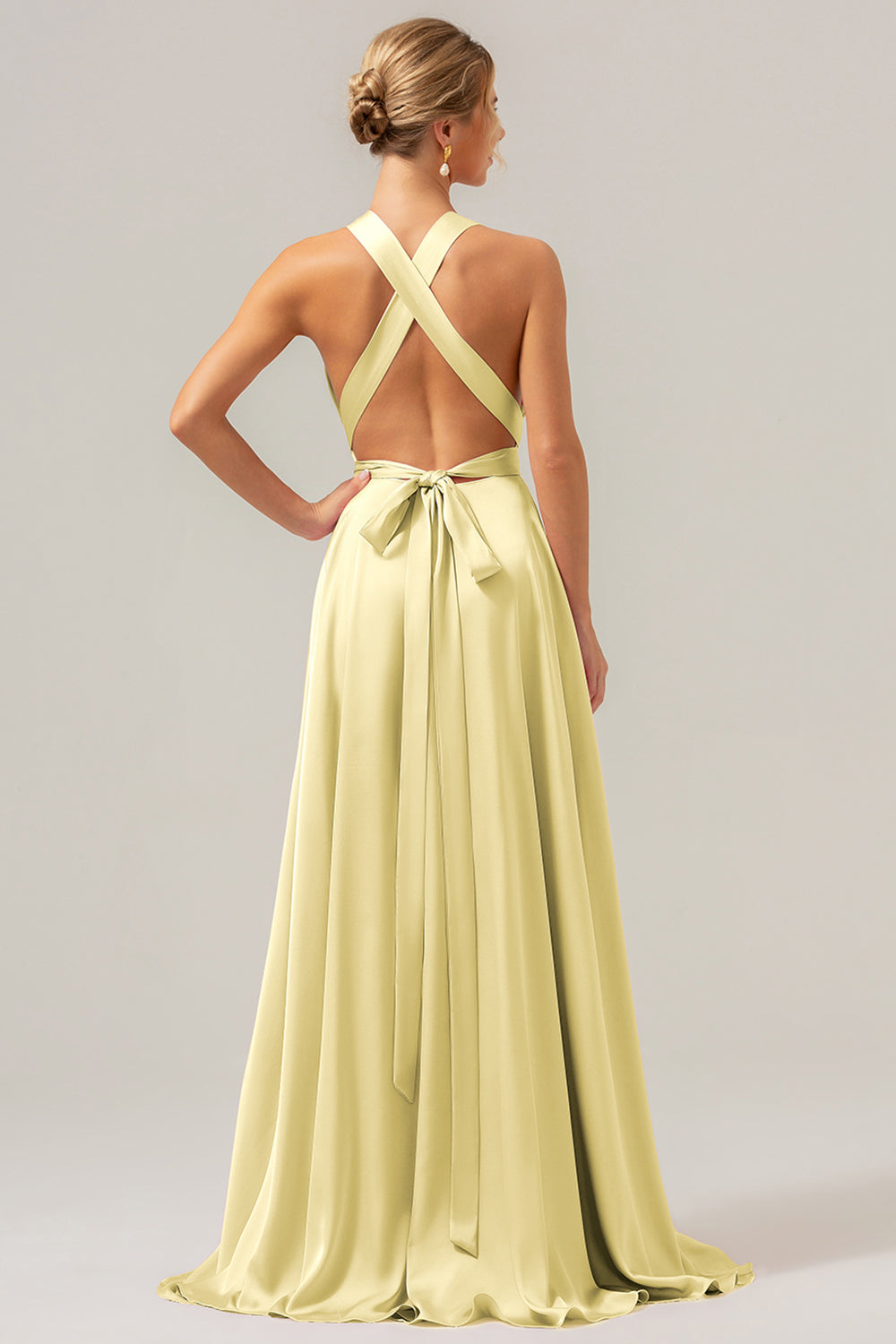 Pink A Line V-hals Backless Satin Lang brudepigekjole med slids