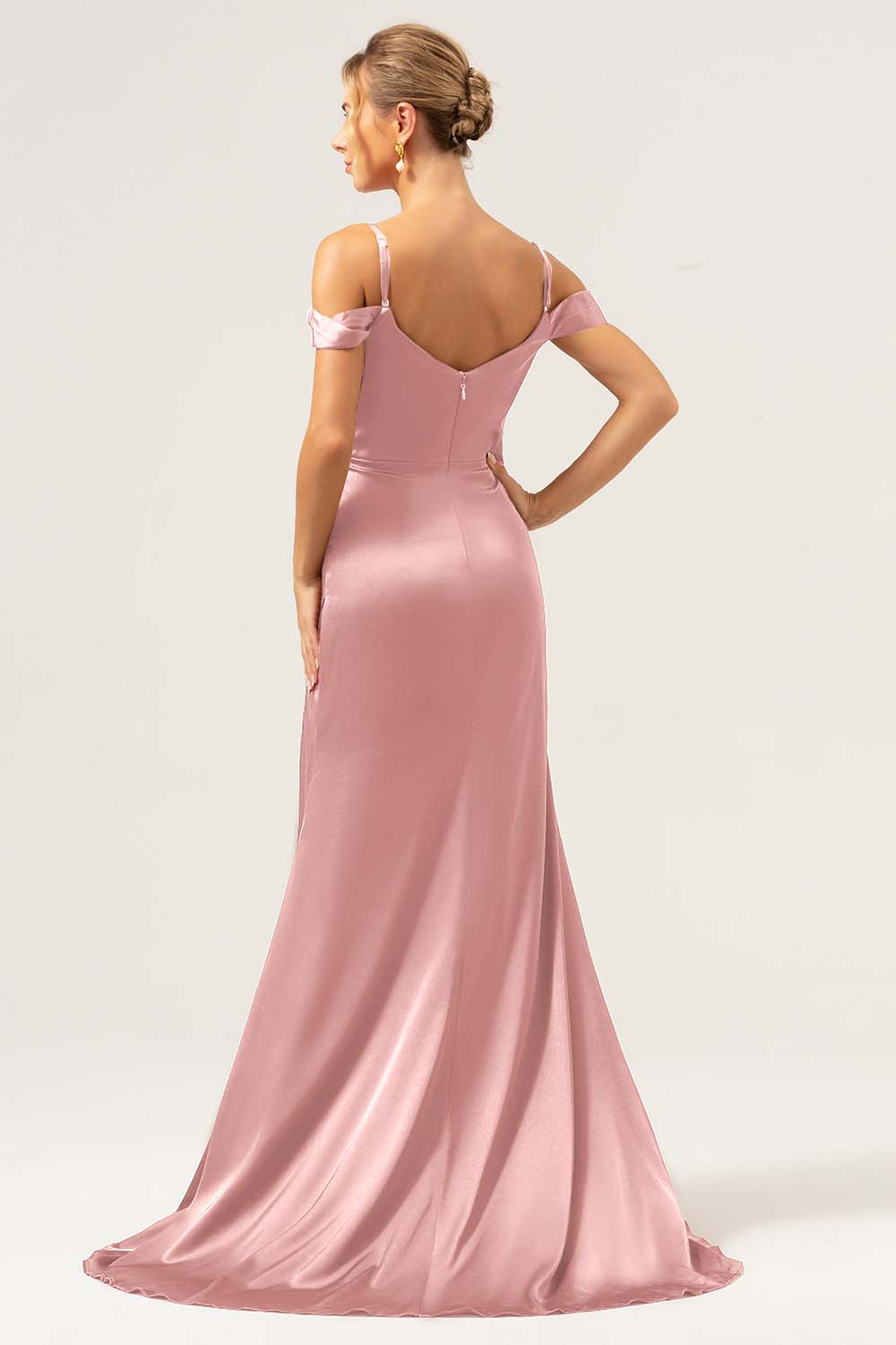 Støvet Blå Havfrue Kold skulder Ruched Korset Lang brudepigekjole med slids