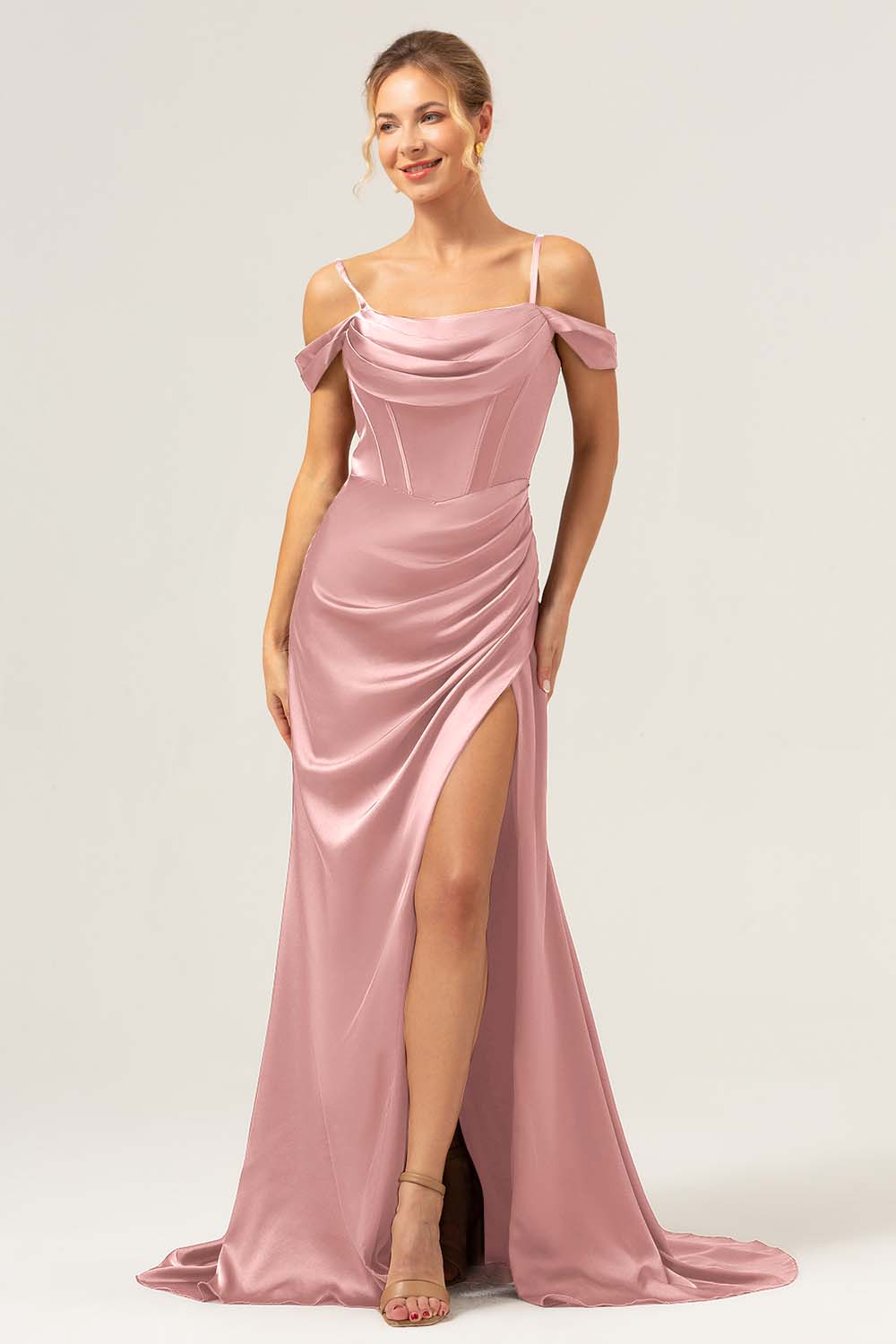 Støvet Blå Havfrue Kold skulder Ruched Korset Lang brudepigekjole med slids