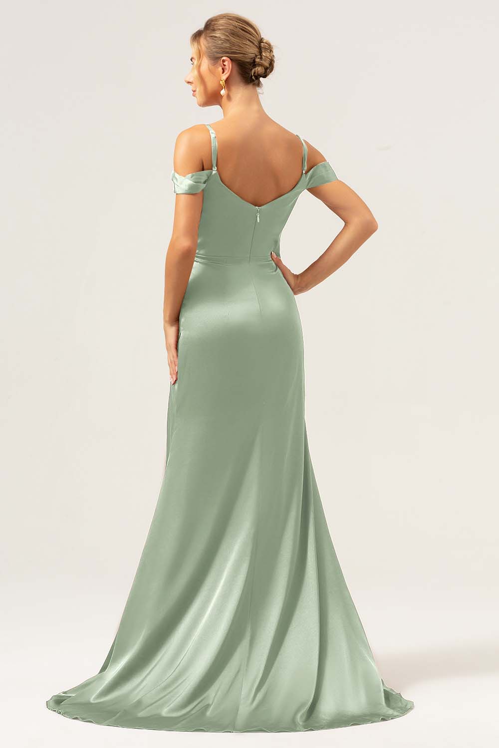 Støvet Blå Havfrue Kold skulder Ruched Korset Lang brudepigekjole med slids