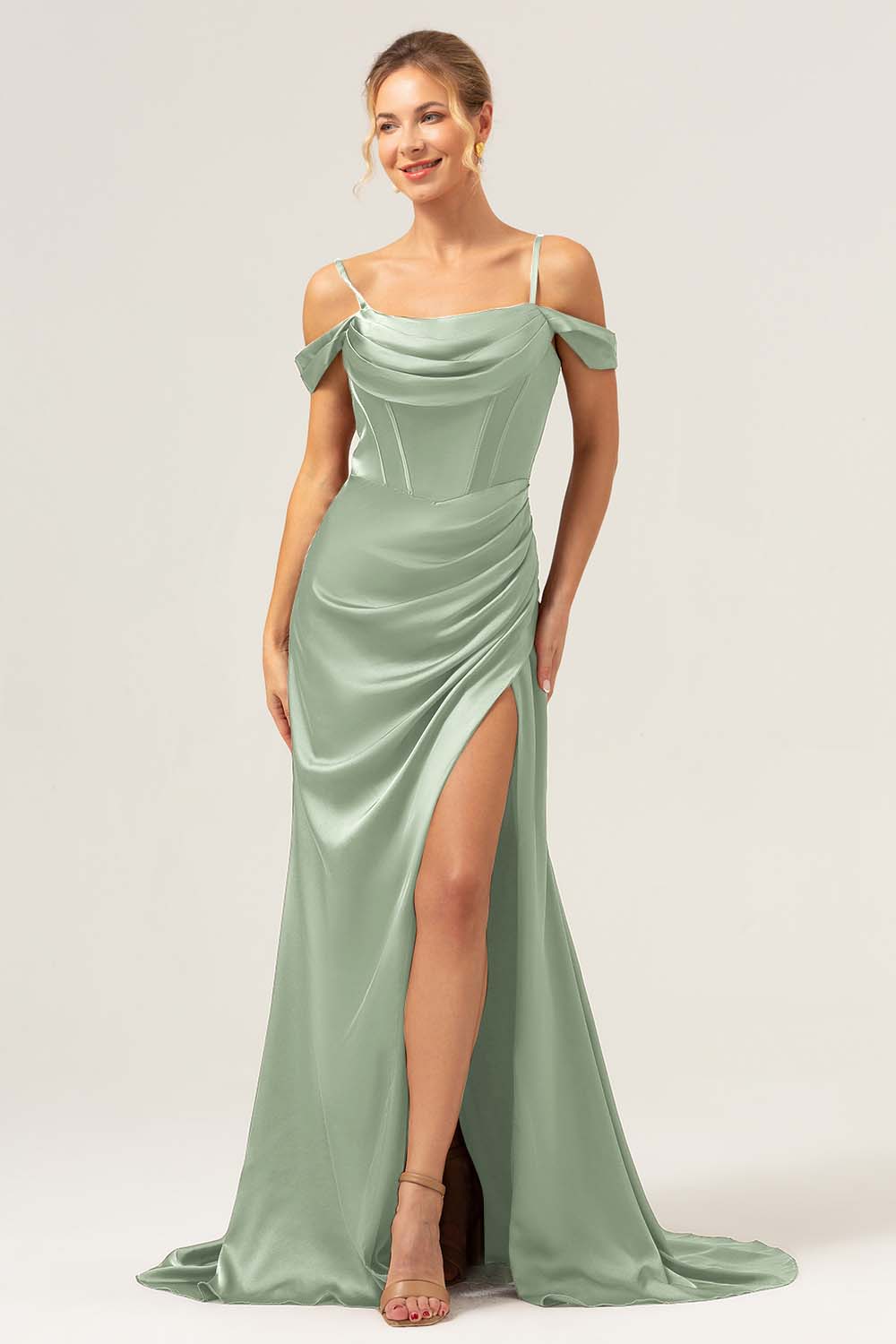 Støvet Blå Havfrue Kold skulder Ruched Korset Lang brudepigekjole med slids