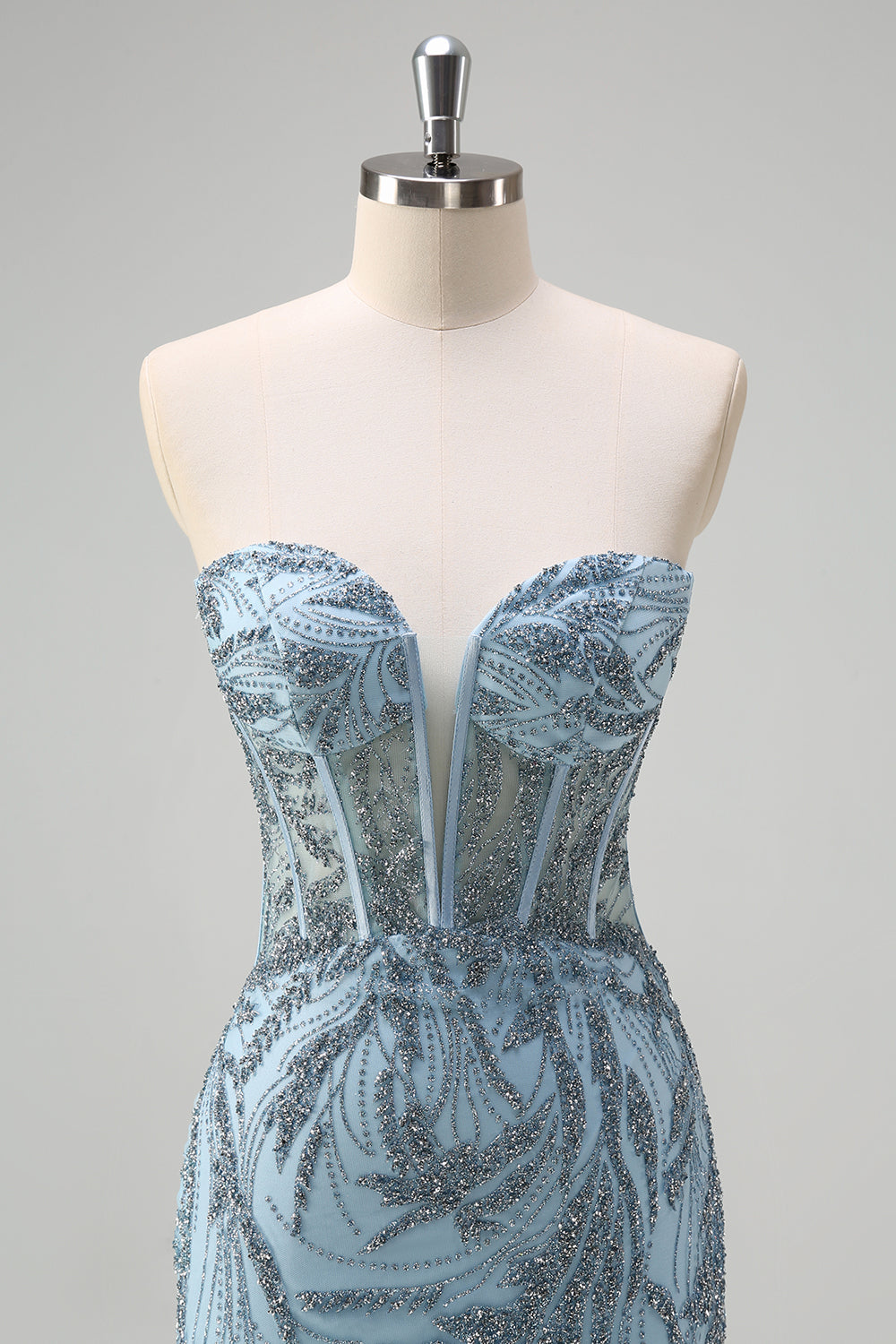 Glitrende lyseblå havfrue stropløs korset lang perlebesat gallakjole med slids