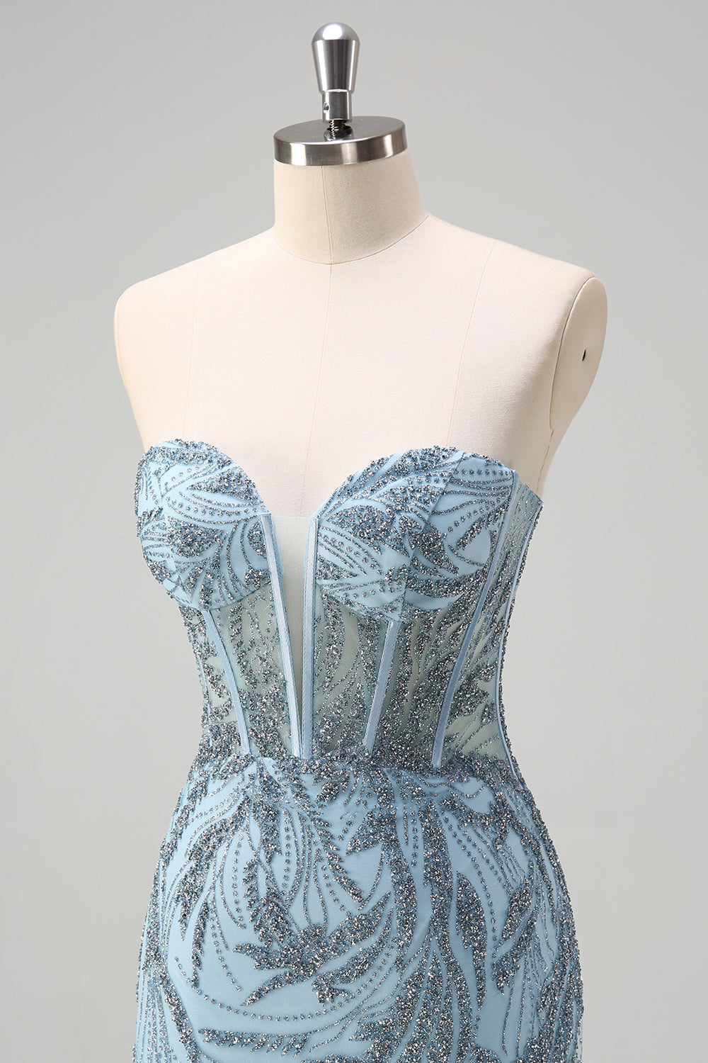 Glitrende lyseblå havfrue stropløs korset lang perlebesat gallakjole med slids