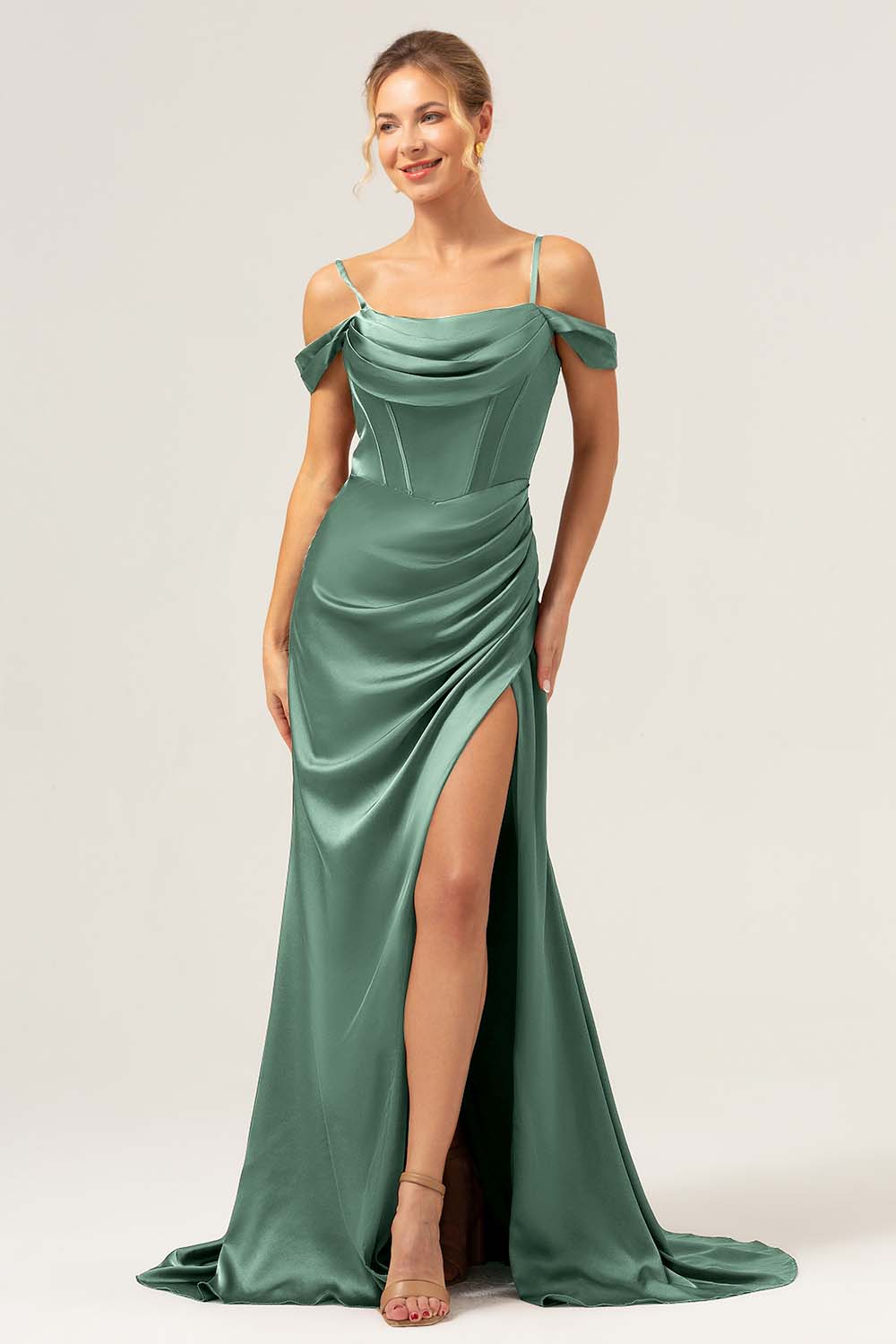 Støvet Blå Havfrue Kold skulder Ruched Korset Lang brudepigekjole med slids