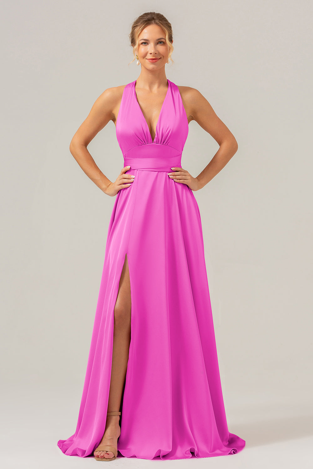 Pink A Line V-hals Backless Satin Lang brudepigekjole med slids