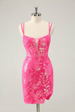 Smuk Hot Pink Bodycon Lace Up Glittler Kort Cocktailkjole med slids