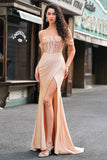 Champagne havfrue Off the Shoulder korset Lang gallakjole med slids
