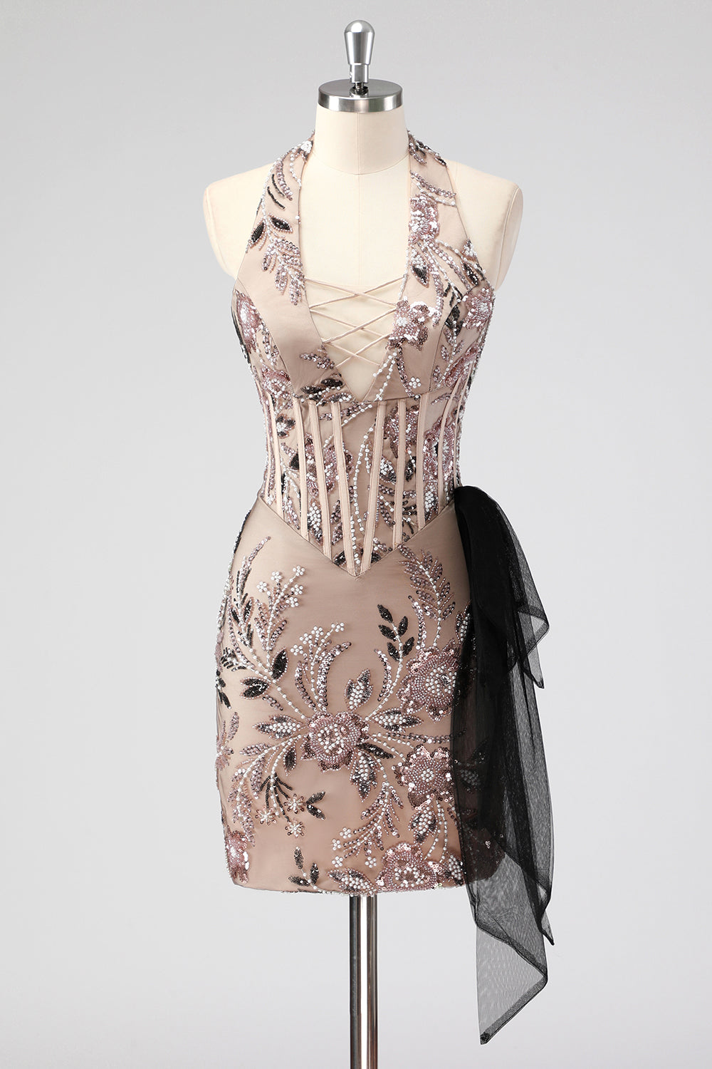 Glitter Halter Blush Korset Stramme Appliques Kort Cocktail Kjole med Perlearbejde