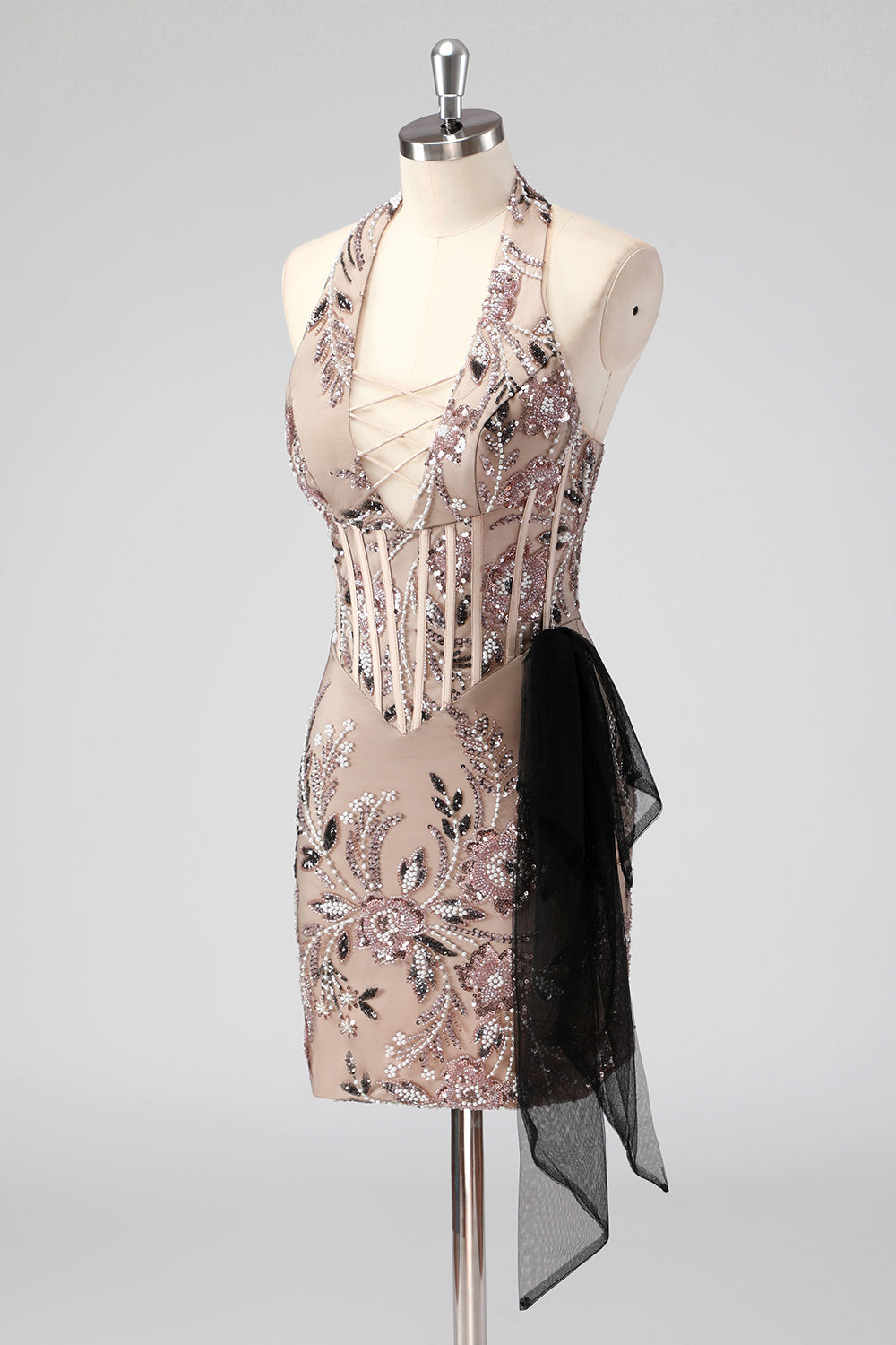 Glitter Halter Blush Korset Stramme Appliques Kort Cocktail Kjole med Perlearbejde