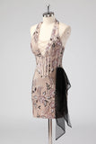 Glitter Halter Blush Korset Stramme Appliques Kort Cocktail Kjole med Perlearbejde