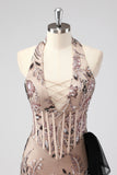 Glitter Halter Blush Korset Stramme Appliques Kort Cocktail Kjole med Perlearbejde