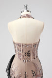 Glitter Halter Blush Korset Stramme Appliques Kort Cocktail Kjole med Perlearbejde
