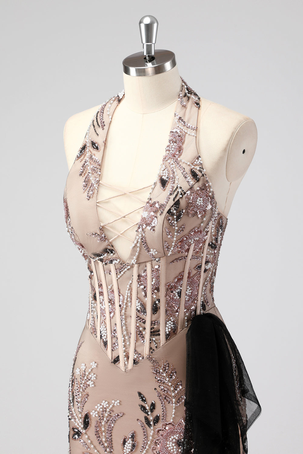 Glitter Halter Blush Korset Stramme Appliques Kort Cocktail Kjole med Perlearbejde