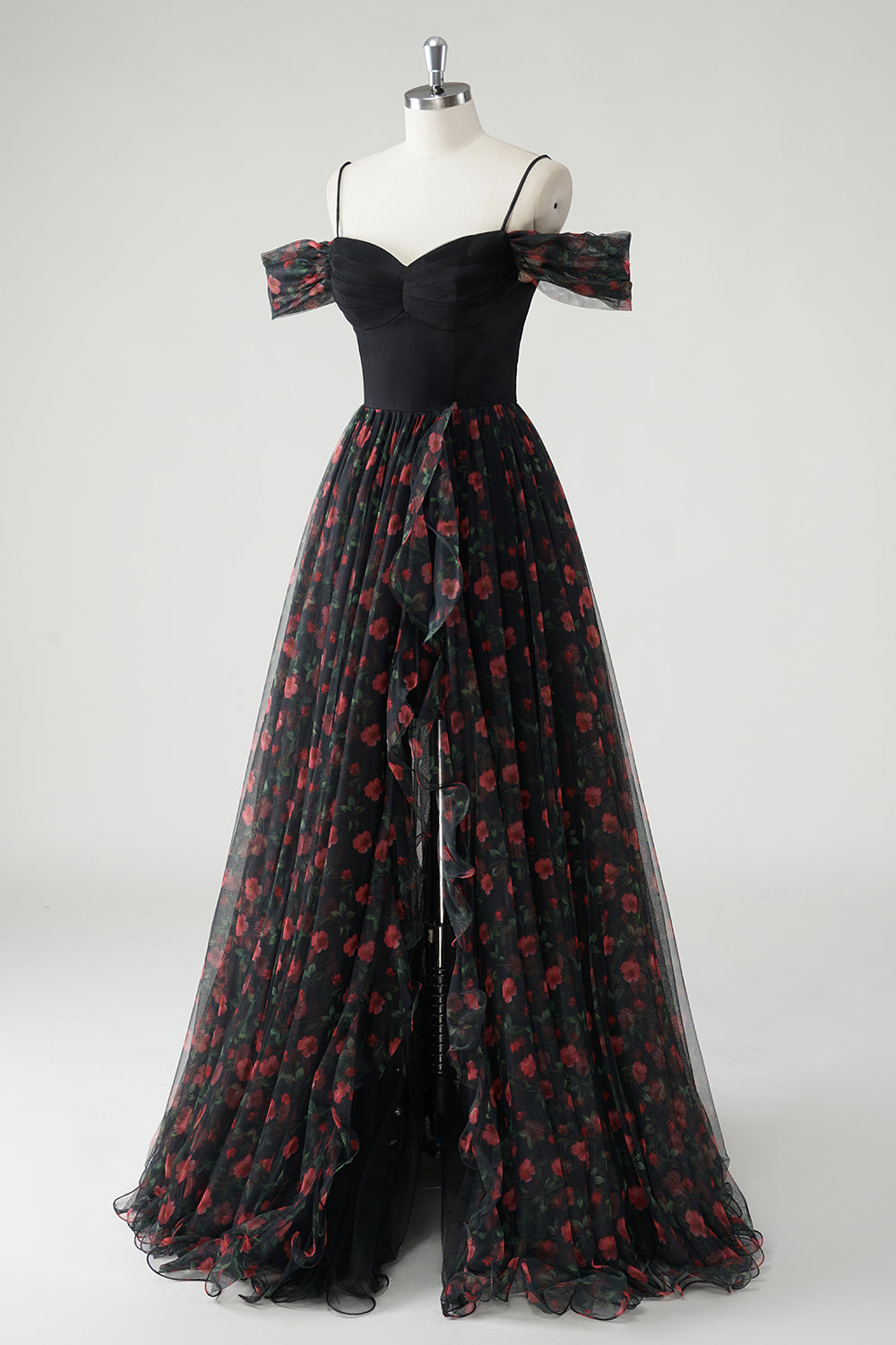 Sort A Line Kold Skulder Trykt Blomstret Lang Gallakjole med Slids