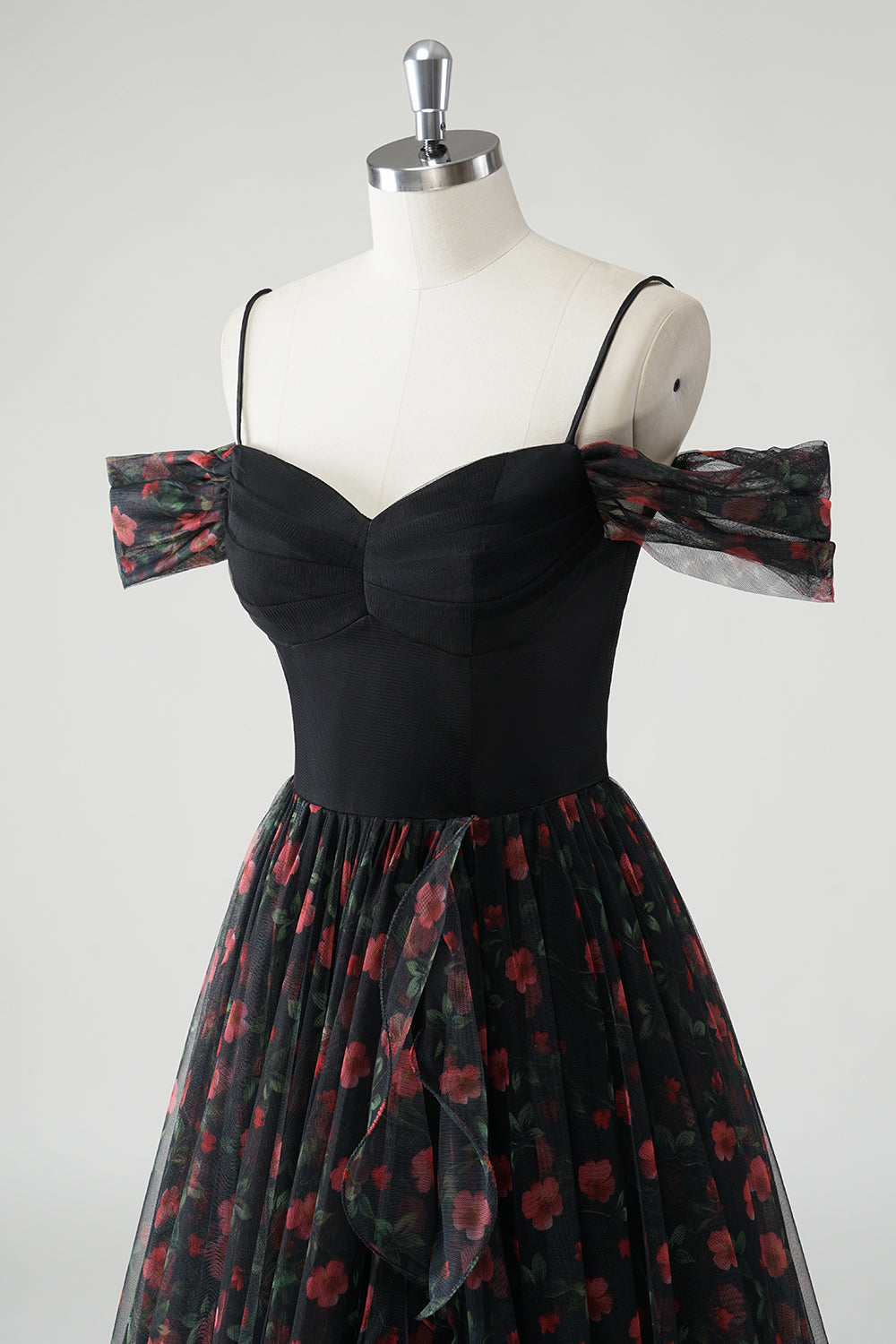 Sort A Line Kold Skulder Trykt Blomstret Lang Gallakjole med Slids