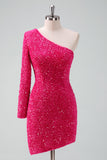 Glitrende Fuchsia En Skulder Paillet Stram Kort Cocktailkjole med Frynser