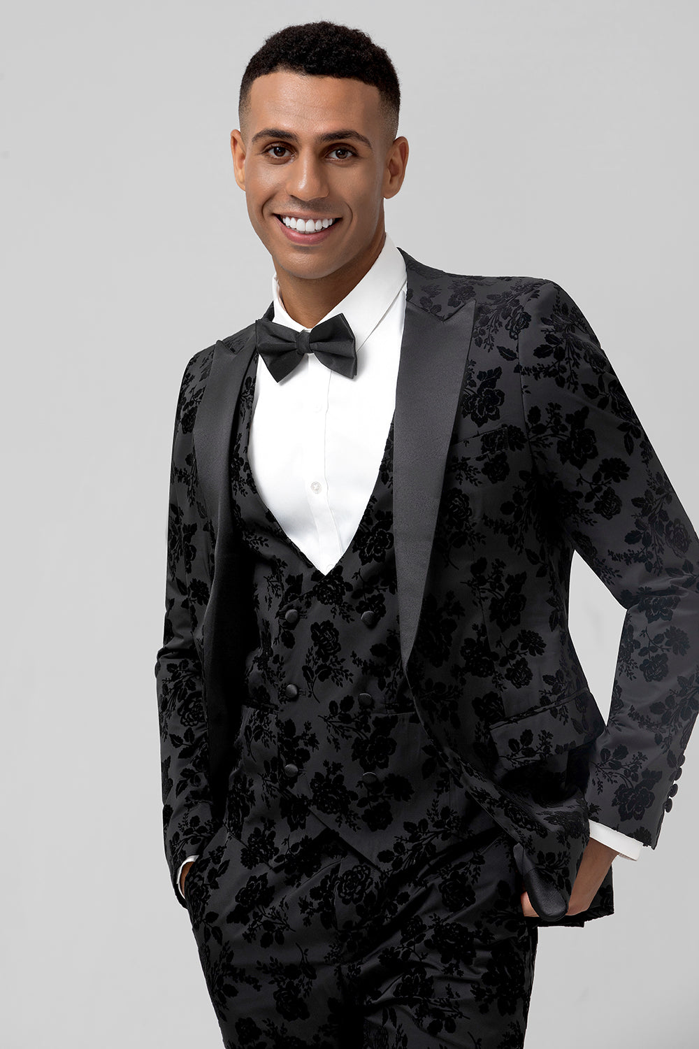 Peak revers sort Jacquard 3 stykke One Button Mænds Prom Suits