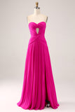 Fuchsia A Line Sweetheart Plisseret Nøglehul Lang gallakjole med slids