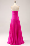 Fuchsia A Line Sweetheart Plisseret Nøglehul Lang gallakjole med slids