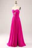 Fuchsia A Line Sweetheart Plisseret Nøglehul Lang gallakjole med slids