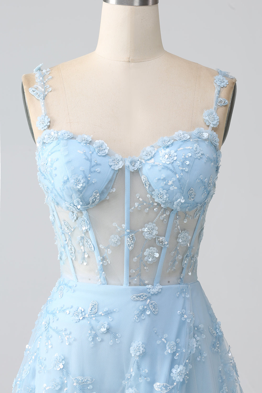 Blauw Glitrende A Line Spaghetti Stropper Pailletkorset Fest kjole med slids