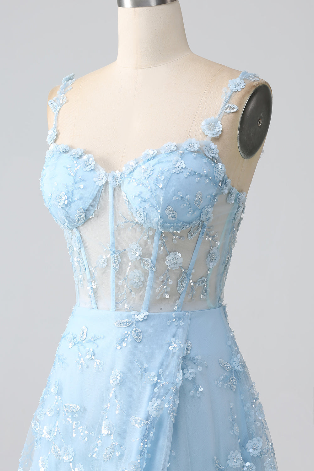 Blauw Glitrende A Line Spaghetti Stropper Pailletkorset Fest kjole med slids
