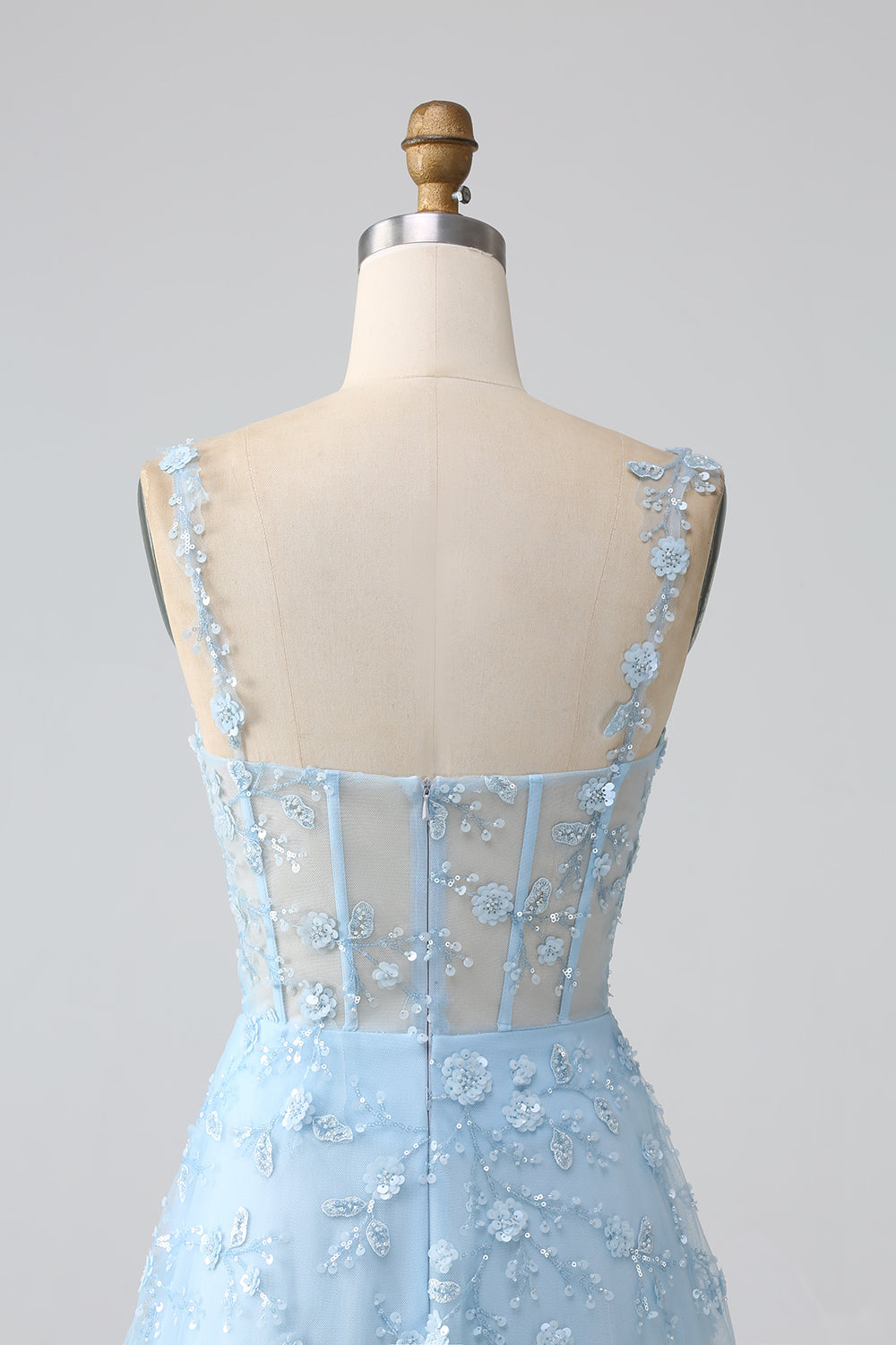 Blauw Glitrende A Line Spaghetti Stropper Pailletkorset Fest kjole med slids
