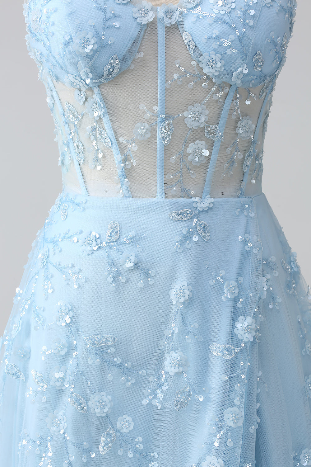 Blauw Glitrende A Line Spaghetti Stropper Pailletkorset Fest kjole med slids