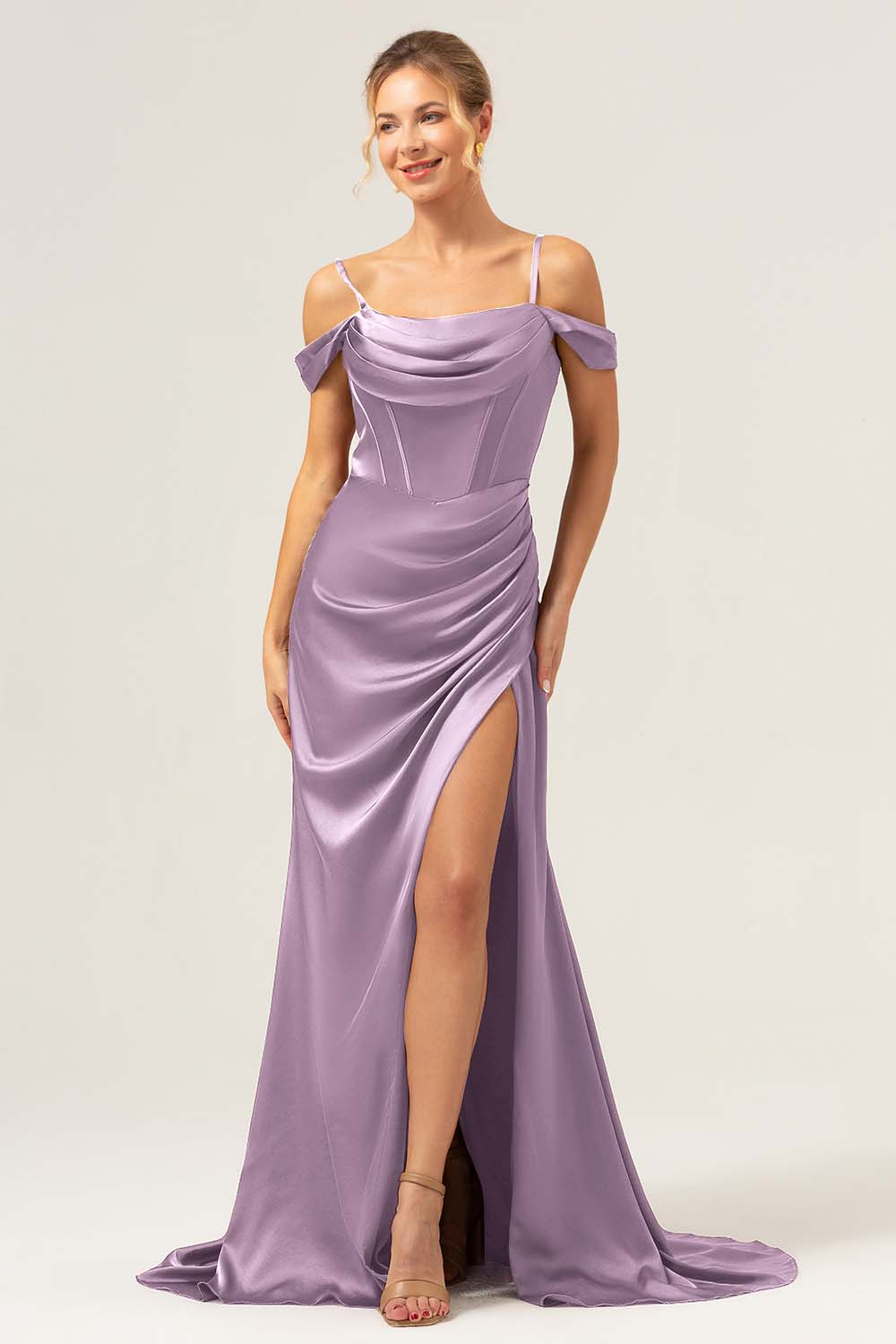 Støvet Blå Havfrue Kold skulder Ruched Korset Lang brudepigekjole med slids