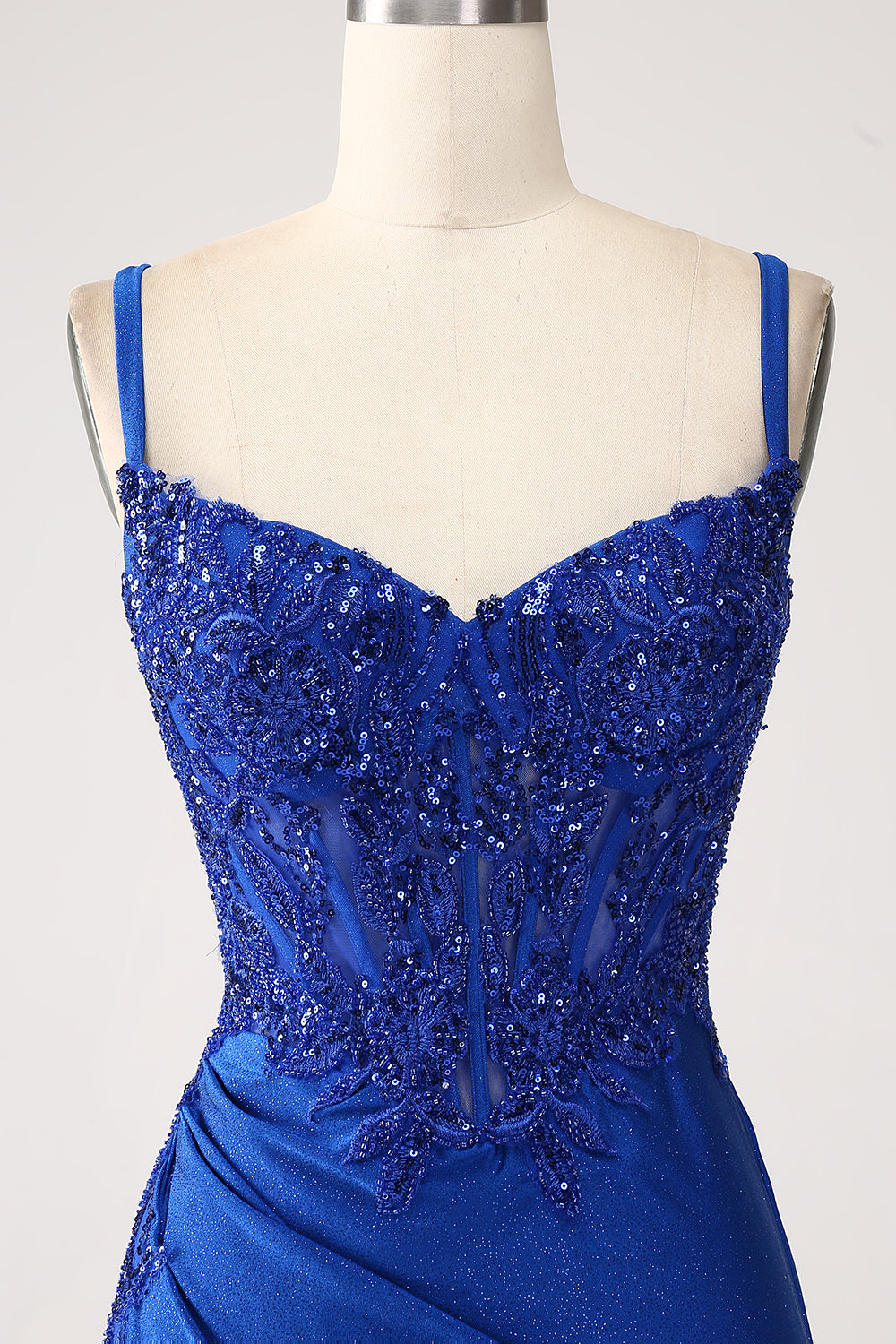 Glitter Royal Blue Havfrue Spaghetti Stropper Lang gallakjole med applikationer