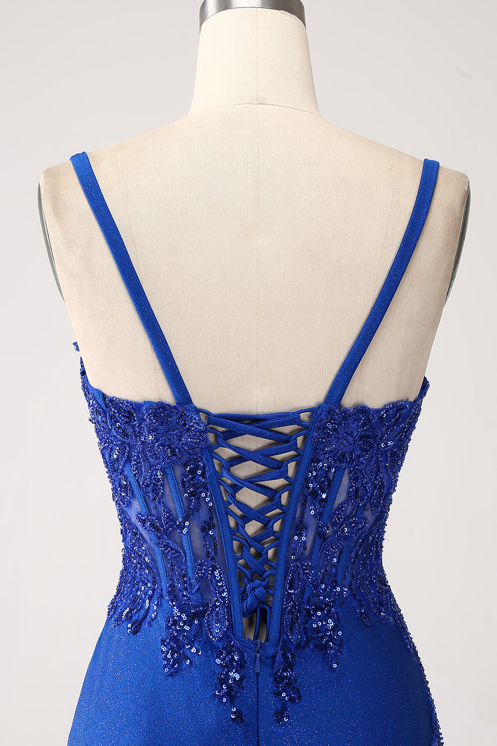 Glitter Royal Blue Havfrue Spaghetti Stropper Lang gallakjole med applikationer