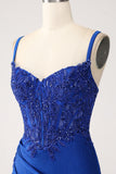 Glitter Royal Blue Havfrue Spaghetti Stropper Lang gallakjole med applikationer