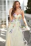 En streg Champagne spaghetti stropper Festkjoler med 3D blomster