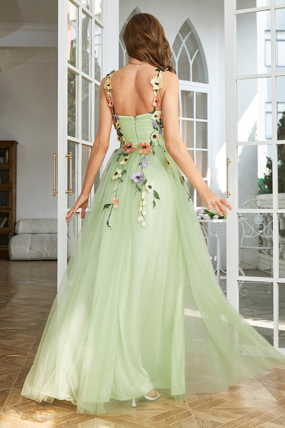 En streg Champagne spaghetti stropper Festkjoler med 3D blomster