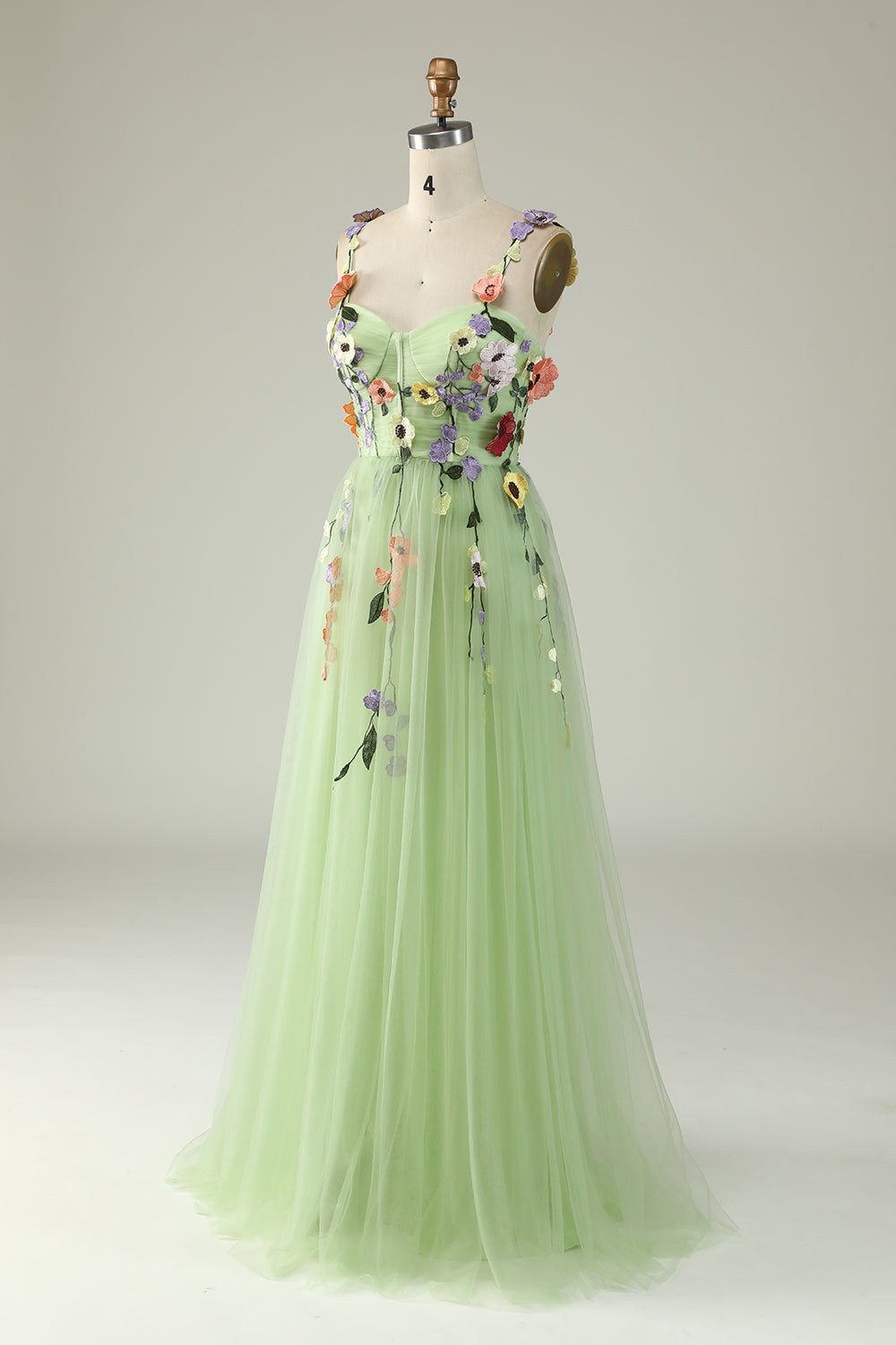 En streg Champagne spaghetti stropper Festkjoler med 3D blomster