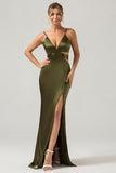 Olive Sheath Spaghetti Straps Cut Out Lang brudepigekjole med slids