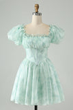 Lysegrøn A Line Square Neck Floral Ruffle Kort Homecoming Kjole