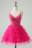 Hot Pink A Line Spaghetti Stropper Tyl Tiered Kort Homecoming Kjole