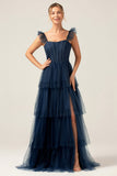 Aftagelige stropper En Line Navy Tiered Long Brudepige Kjole