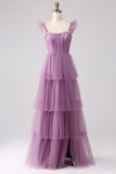 Lilla A Line tyl Tiered Plisseret Long Prom Dress med slids
