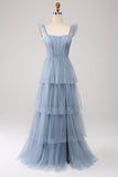 Dusty Blue A Line Tiered Tulle Corset Brudepigekjole med slids