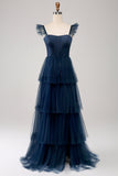Navy Tulle Navy A Line Tiered Corset Brudepigekjole med slids