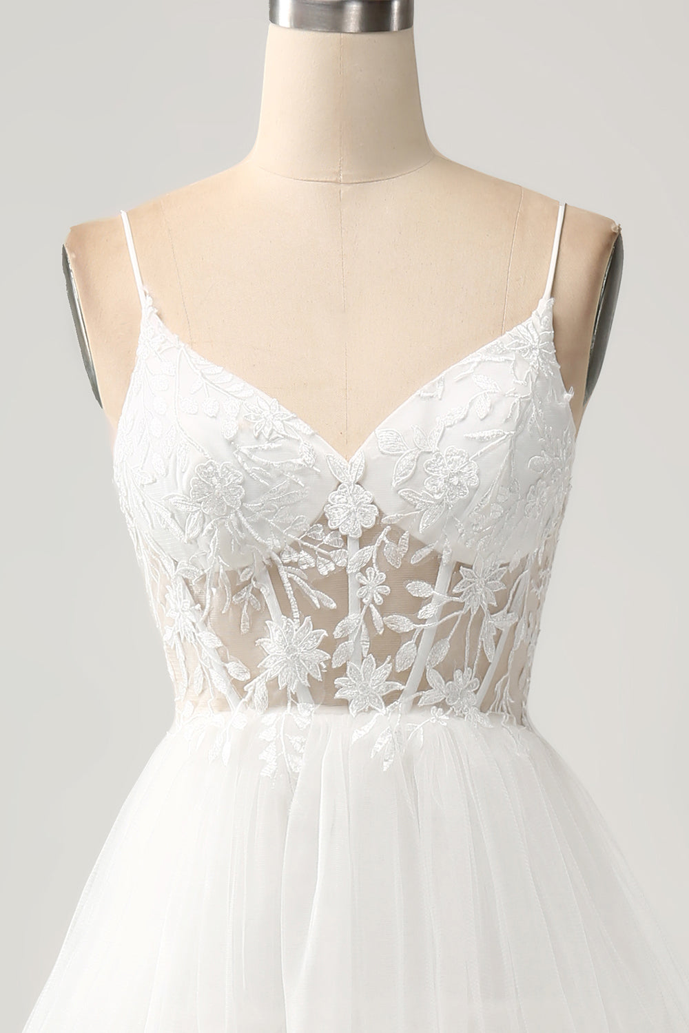 Elfenben A-Line tyl lagdelt korset lang brudekjole med slids